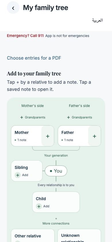 My family tree, actual app interface with fictional examples