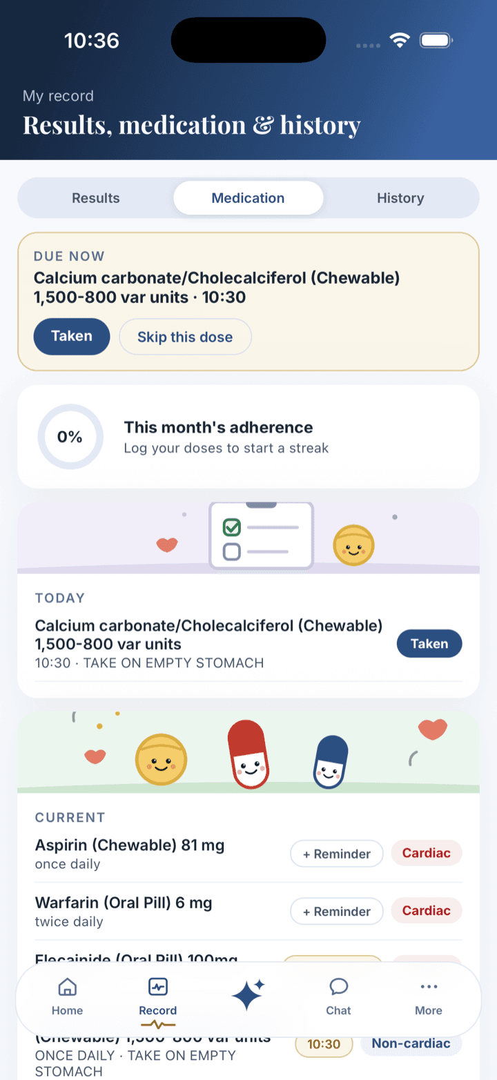 The medication tab: due-now dose, adherence, and today's schedule