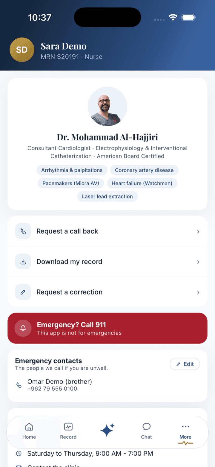 The profile screen: the doctor's card, call-back and record actions, emergency contacts