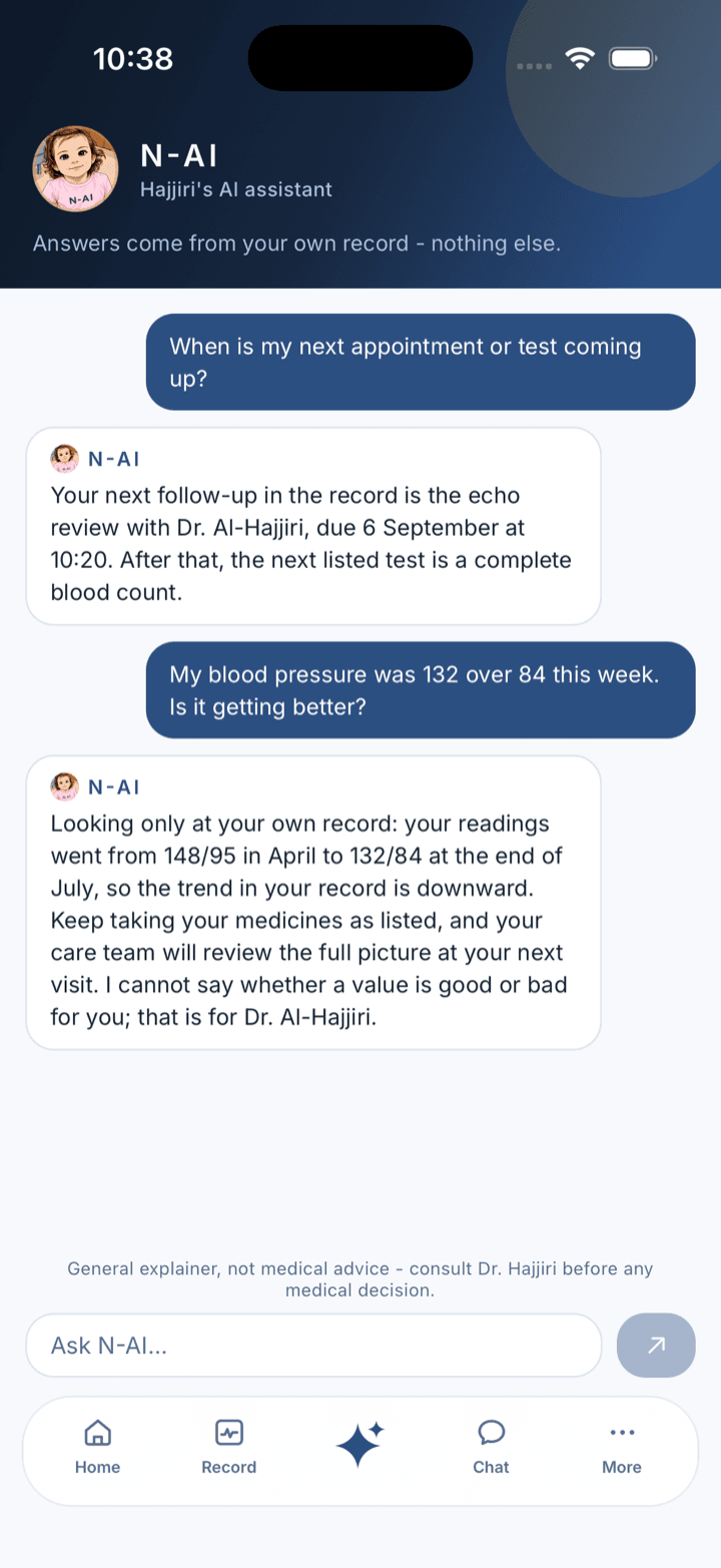A real N-AI conversation answering from the record